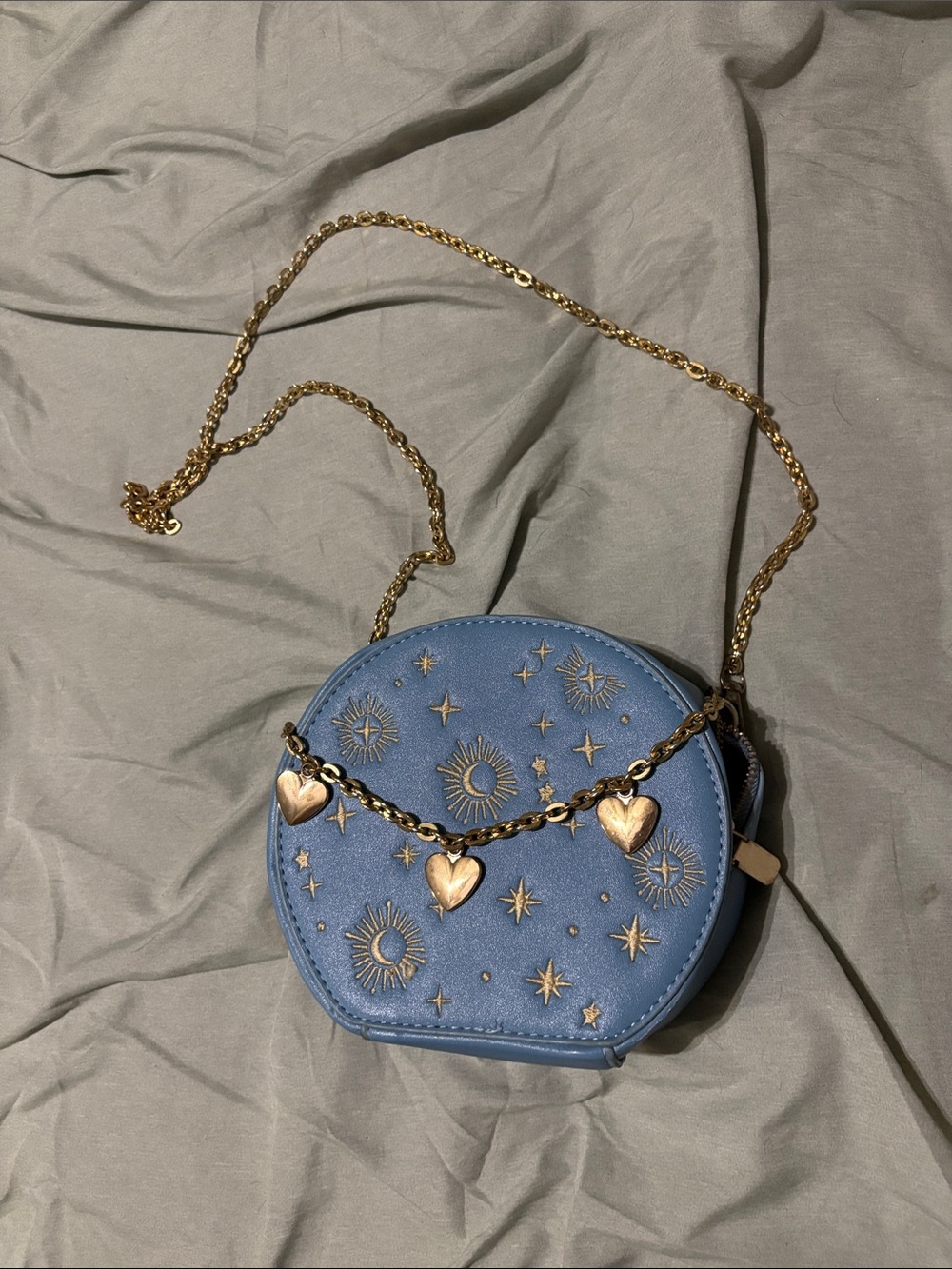 Blue Round Crossbody Bag with Gold Heart Charms